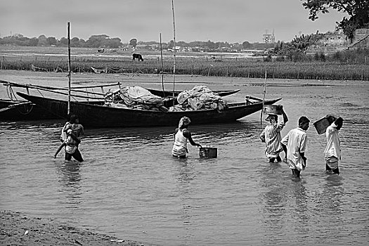 乡村,人,浅,河,冬天,孟加拉,2009年