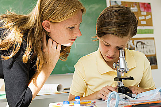 男孩,看穿,显微镜,教师,看
