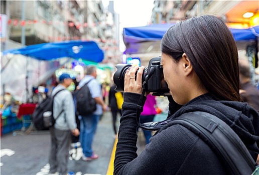 女性,游客,照相,相机,街道,香港