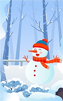 立冬節氣森林雪地房屋冬季戶外堆雪人插畫