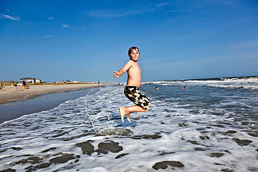 跳跃,男孩,享受,美女,海洋