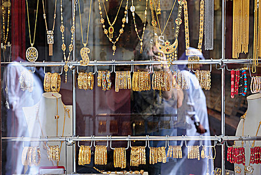 黄金,饰品,窗户,珠宝商,集市,多哈,卡塔尔,阿拉伯半岛,波斯湾,中东,亚洲