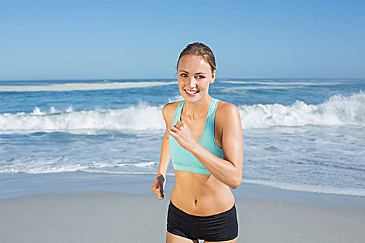 健身,女人,微笑,慢跑,海滩