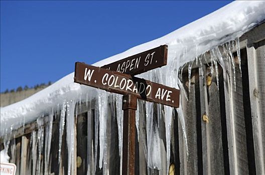 冰柱,路标,西部,科罗拉多,道路,特柳赖德,美国