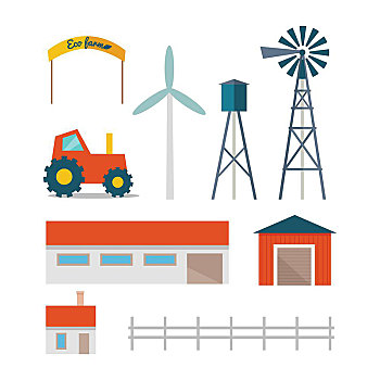耕作,建筑,科技,机械,公寓,设计,矢量,拖拉机,房子,车库,谷仓,风,泵,风轮机,水塔,传统,农场,概念,风格