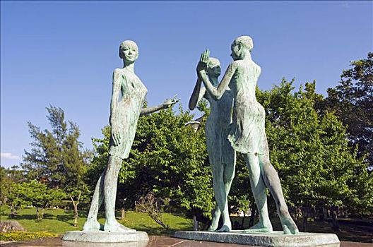 松山市,公园,雕塑,三个女孩