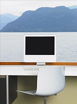 电脑,书桌,正面,窗户,海景