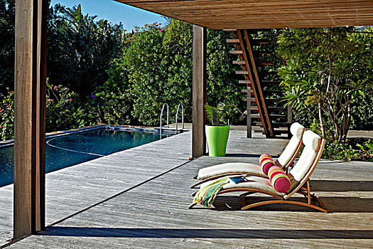 沙滩椅,苍白,垫子,大,木质,平台,屋顶