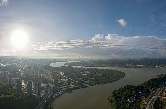 广东惠州东江水域日出航拍全景风光