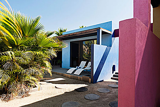 现代,沙滩椅,平台,蓝色,向外看,院落,圆,铺路石,大,墨西哥,扇形棕榈,植物