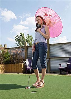 女人,伞,打高尔夫