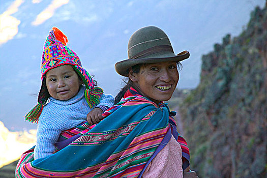 印第安女人,婴儿,圣谷,远景,库斯科,区域,秘鲁