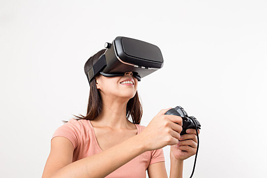 女人,玩,游戏,虚拟现实,装置