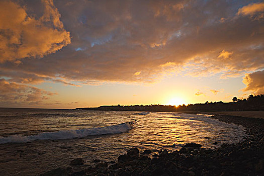 夏威夷,美国,生动,日落,上方,海滩,小湾,波浪