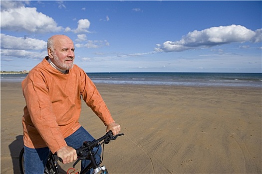 老人,自行车,海滩