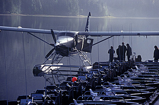 水上飞机,码头,早晨,薄雾,夏洛特女王岛,漂浮,捕鱼,住宿,北方,不列颠哥伦比亚省,加拿大