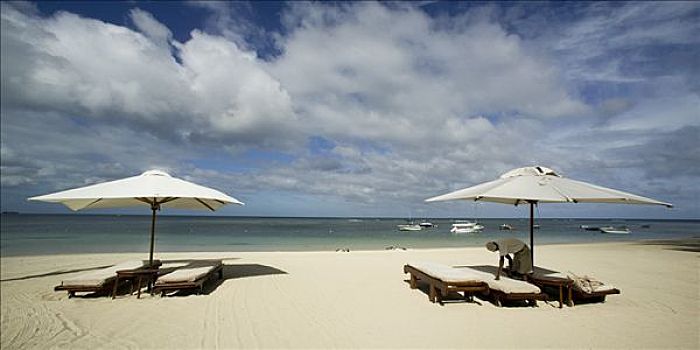 伞,折叠躺椅,沙滩,龙目岛,豪华酒店,毛里求斯,印度洋
