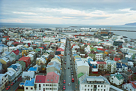俯视图,雷克雅未克,城市,远景,海岸,冰岛