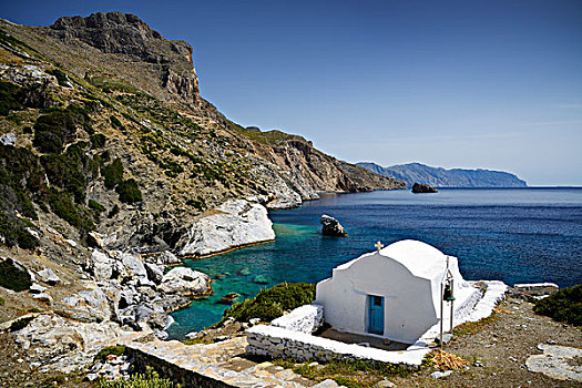 希腊,希腊群岛,爱琴海,基克拉迪群岛,阿莫尔戈斯岛,岛屿,小,教堂,海滩