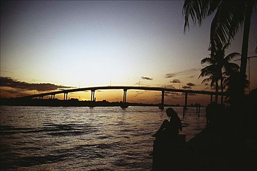 平和,海景,桥,剪影,暮色天空,巴哈马