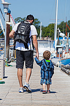 一个,男人,走,孩子,儿子,码头,港口,不列颠哥伦比亚省,加拿大