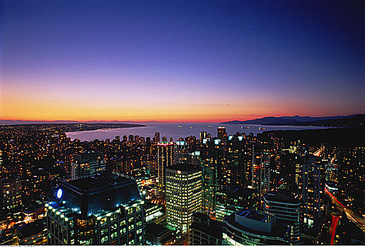 俯视,城市,港口,黄昏,温哥华,不列颠哥伦比亚省,加拿大