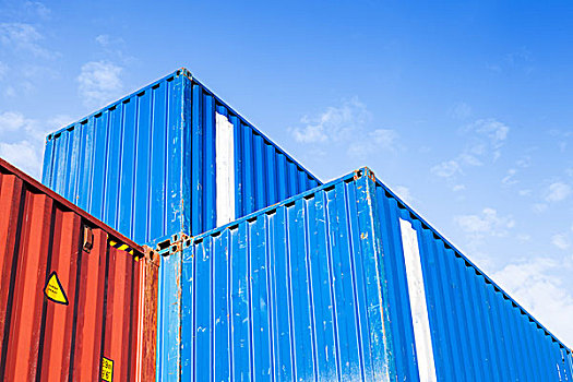 蓝色,红色,金属,工业,货物集装箱,一堆,贮藏区,阴天