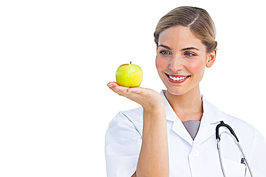 医护人员,看,苹果,白色背景