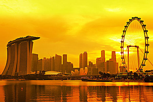 新加坡,天际线,金色,日落