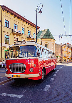 红色,旧式,巴士,街上,老城,卢布林,波兰,欧洲