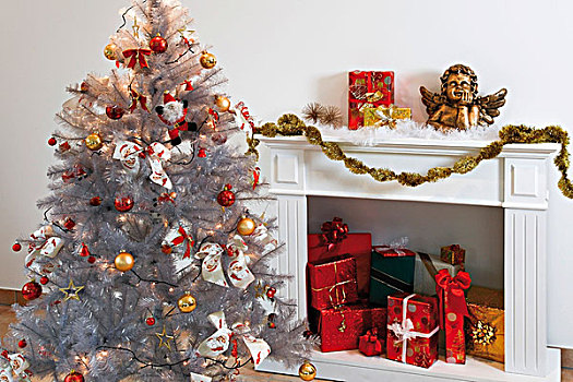 装饰,圣诞树,正面,壁炉,圣诞节,包裹