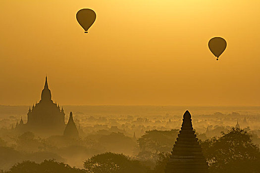 日出,气球,上方,塔,蒲甘,缅甸