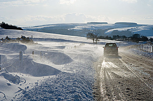 威尔士,波厄斯郡,汽车,驾驶,雪,暴风雪