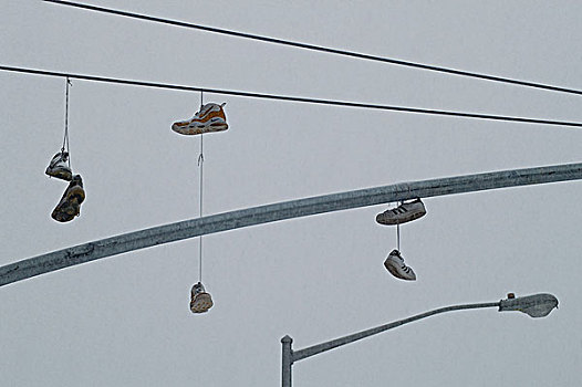 三个,两个,鞋,悬挂,线,暴风雪,曼哈顿,纽约,美国,2005年
