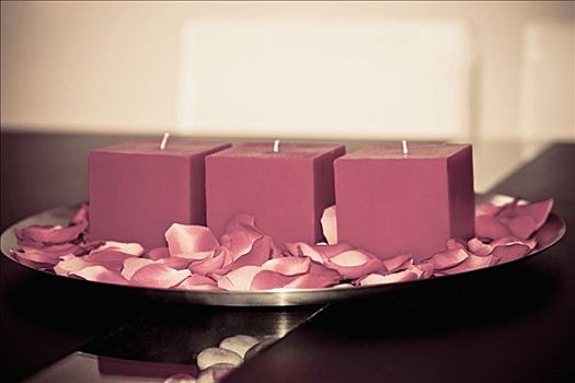 蜡烛,玫瑰花瓣,盘子,桌子