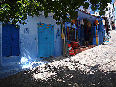 店,向上,一个,蓝色,小巷,舍夫沙万,摩洛哥