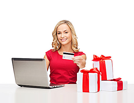 圣诞节,圣诞,网上购物,概念,女人,礼盒,笔记本电脑,信用卡
