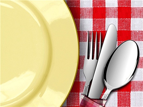 盘子,叉子,刀,红色,桌布