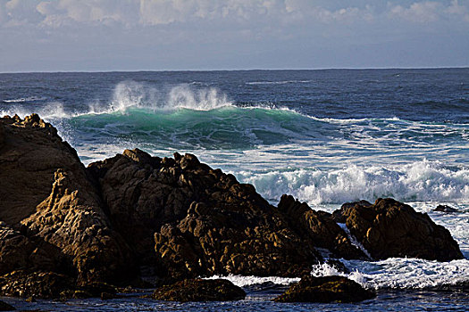 阳光,上面,波浪,碰撞,后面,石头,蒙特利湾,加利福尼亚,美国