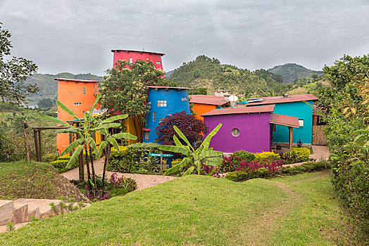 彩色,屋舍,山,住宿,乌干达,非洲