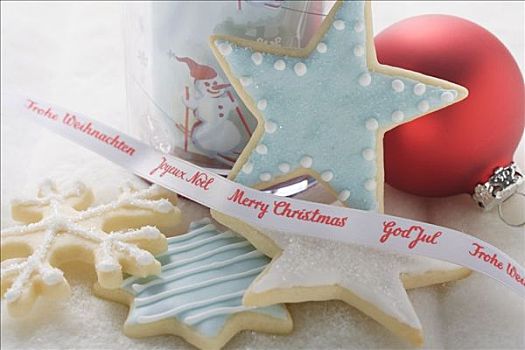 圣诞饼干,正面,玻璃,丝带,圣诞饰物