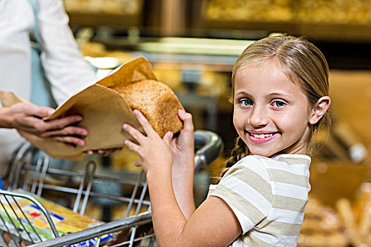 女儿,面包,纸袋,超市