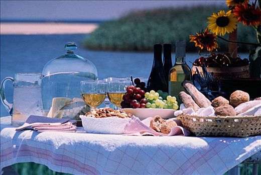 湖岸,葡萄酒,野餐,奶酪,面包