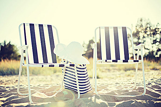 家具,暑假,概念,两个,海滩,休闲,海滨游泳手提袋,白色,帽子