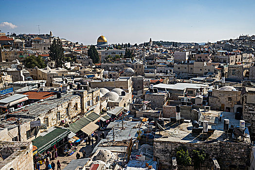 风景,老城,壁,走,圆顶清真寺,塔,背景,耶路撒冷,以色列