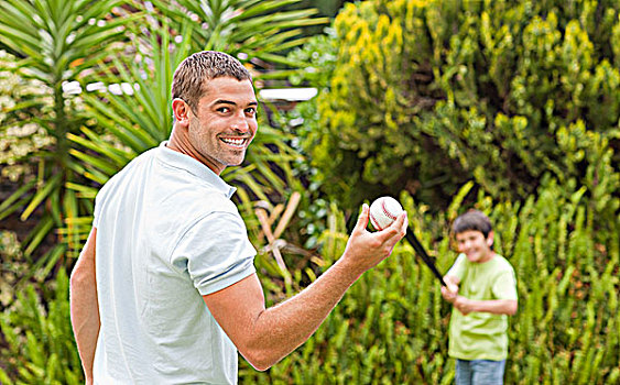 高兴,父亲,儿子,玩,棒球