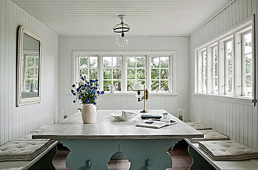 就餐区,桌子,长椅,橡树,上面,白色