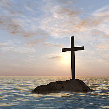 基督教,十字架,岩石上,插画,海中,漂亮,日落,天空