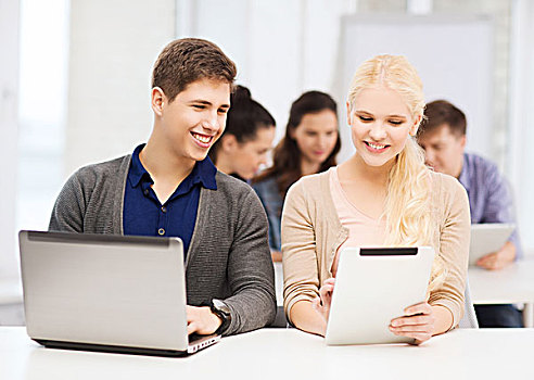 教育,科技,互联网,概念,两个,微笑,女孩,学生,笔记本电脑,平板电脑,学校