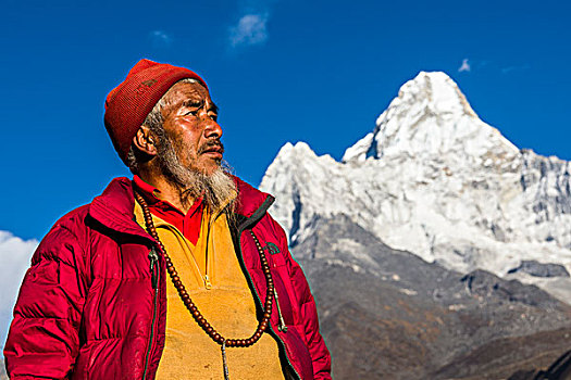 头像,和尚,看,天空,山,远景,单独,昆布,尼泊尔,亚洲